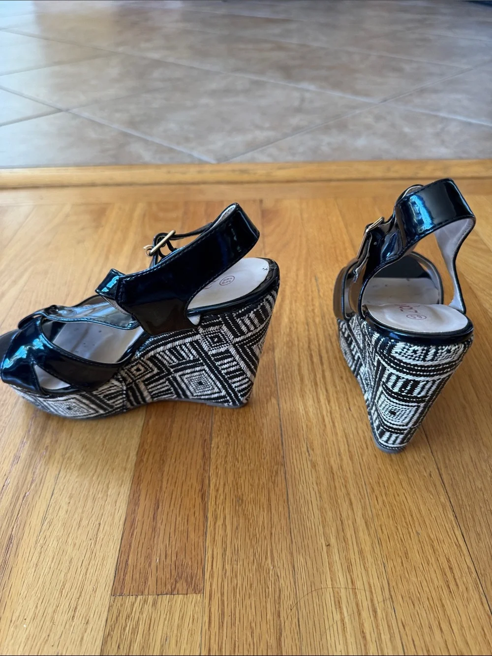 Black Patent Wedge Sandals with Geometric Patterned Platform